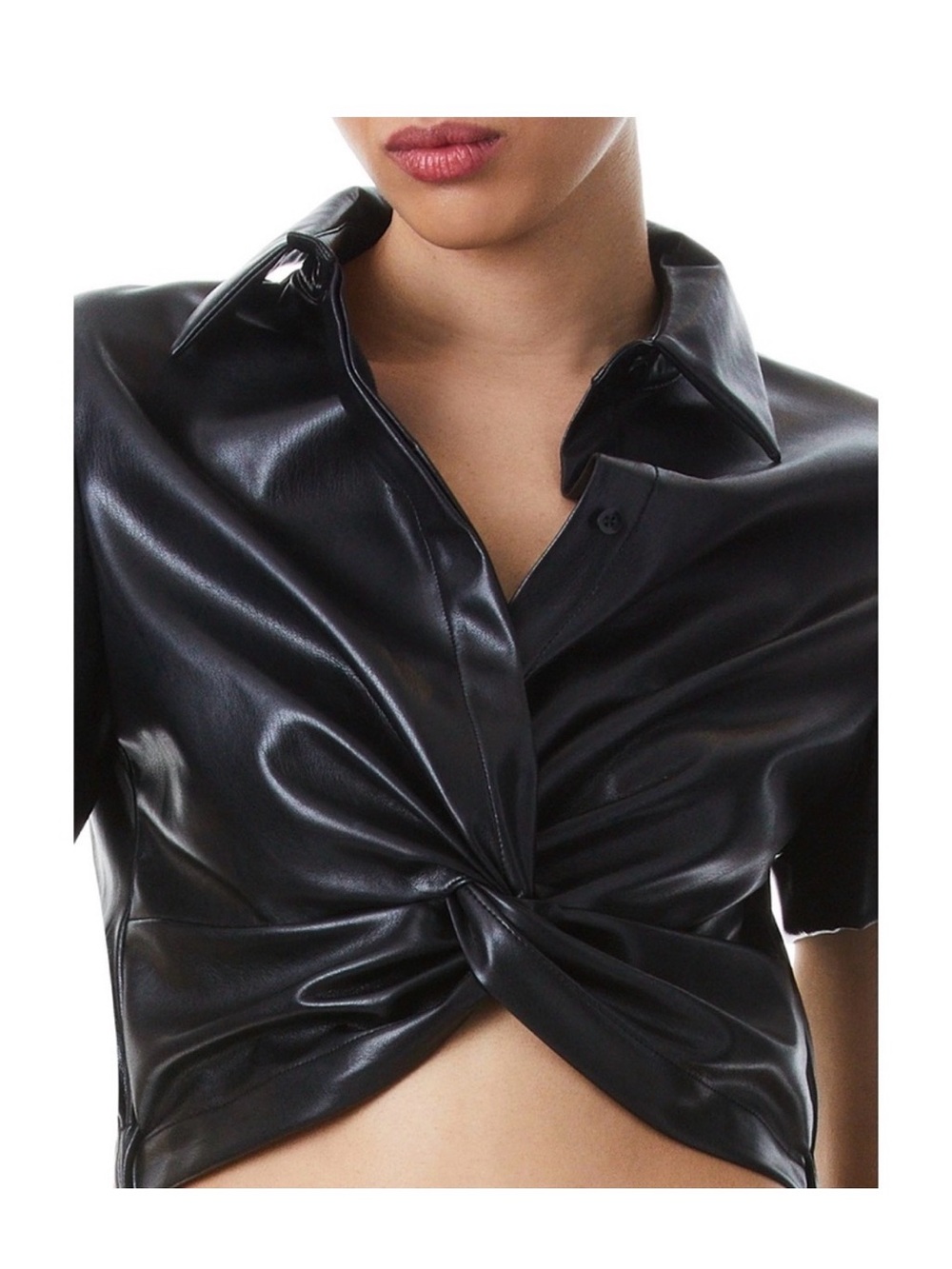 Alice + Olivia Black Twist-Front Vegan Leather Crop Top
